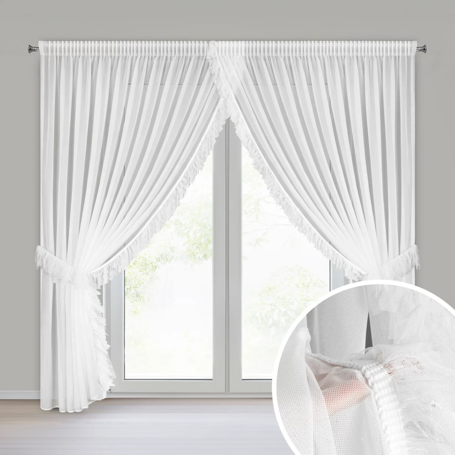 Firana biała z drobnej siateczki z fantazyjną aplikacją 400x250 cm w zestawie troczki, taśma - ARABELLA