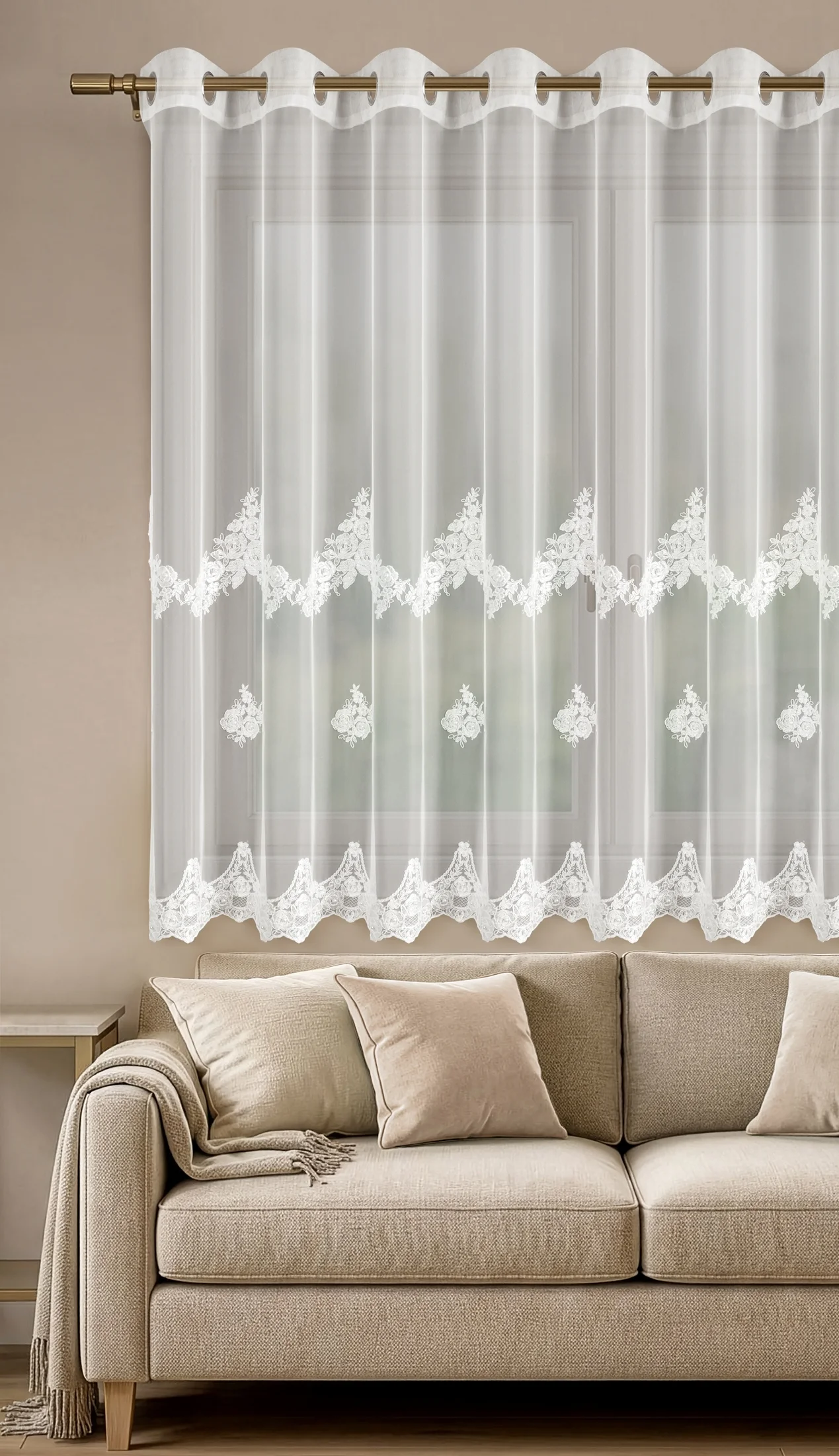 Firana biała z drobnej siateczki z ozdobnym haftem róż i dodatkiem perełek 350x160 cm przelotka - ISARI