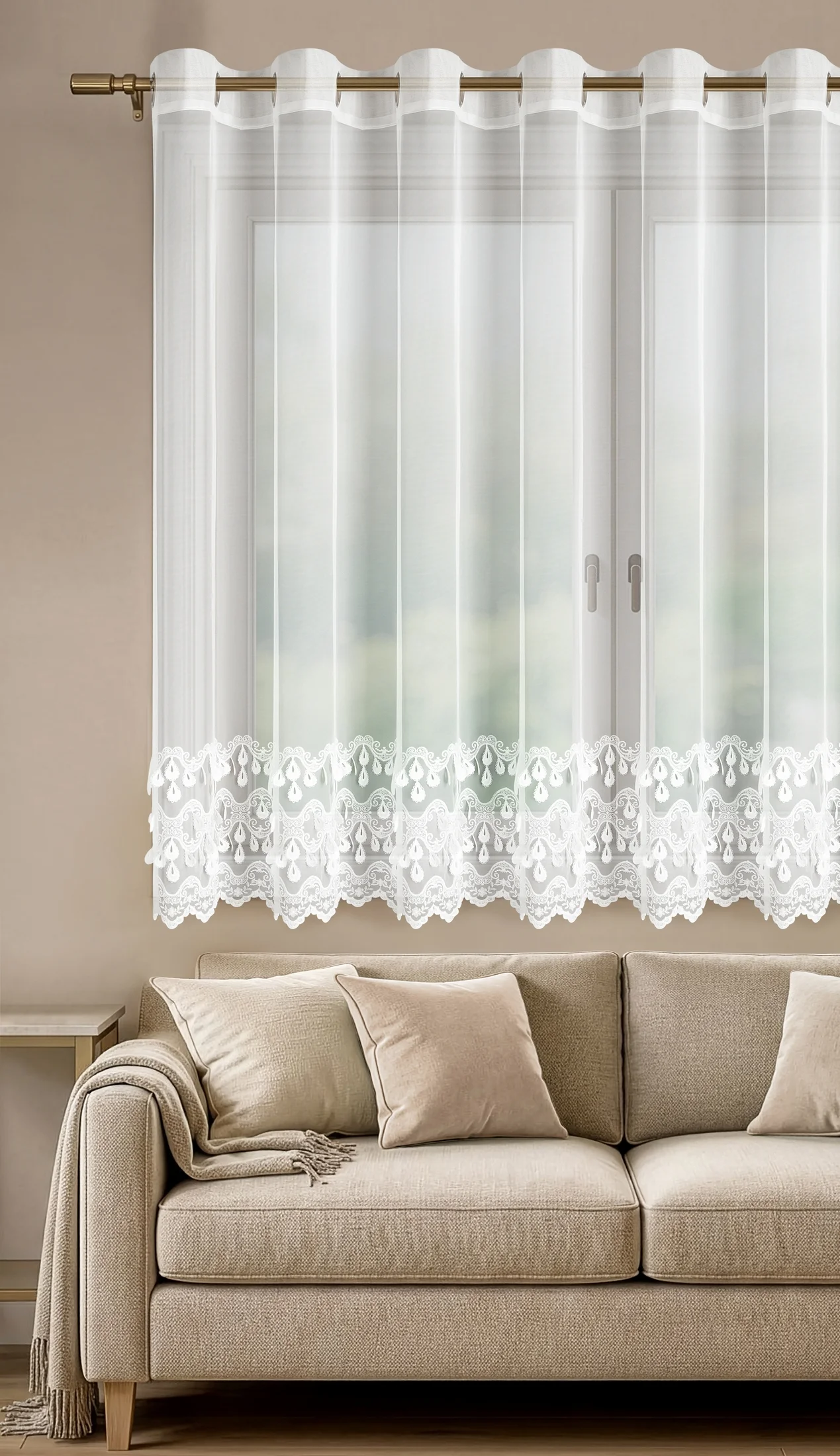 Firana biała z drobnej siateczki zdobiona haftem i efektem 3D 350x150 cm przelotka - FRANCIS
