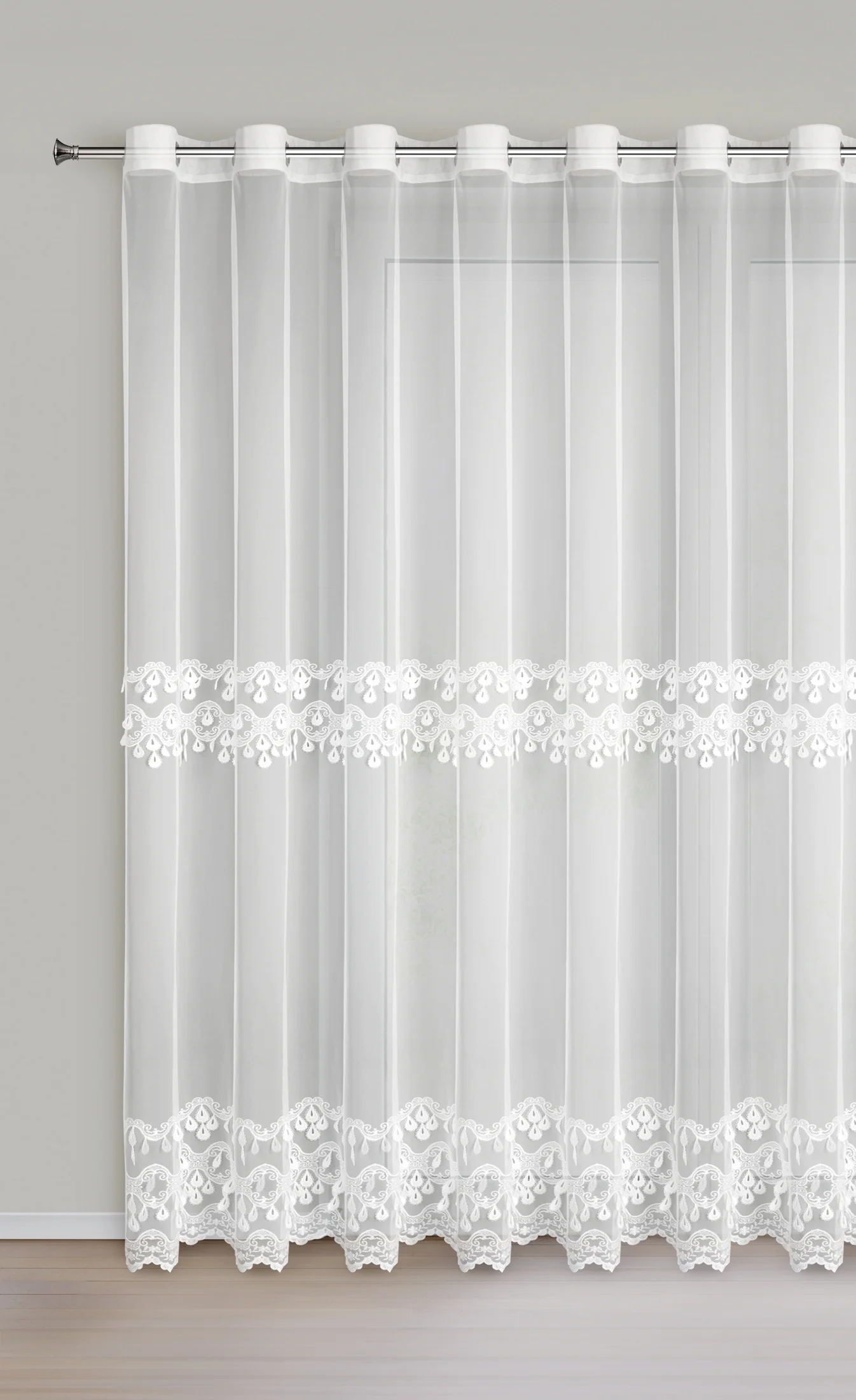 Firana biała z drobnej siateczki zdobiona haftem i efektem 3D 350x250 cm przelotka - FRANCIS