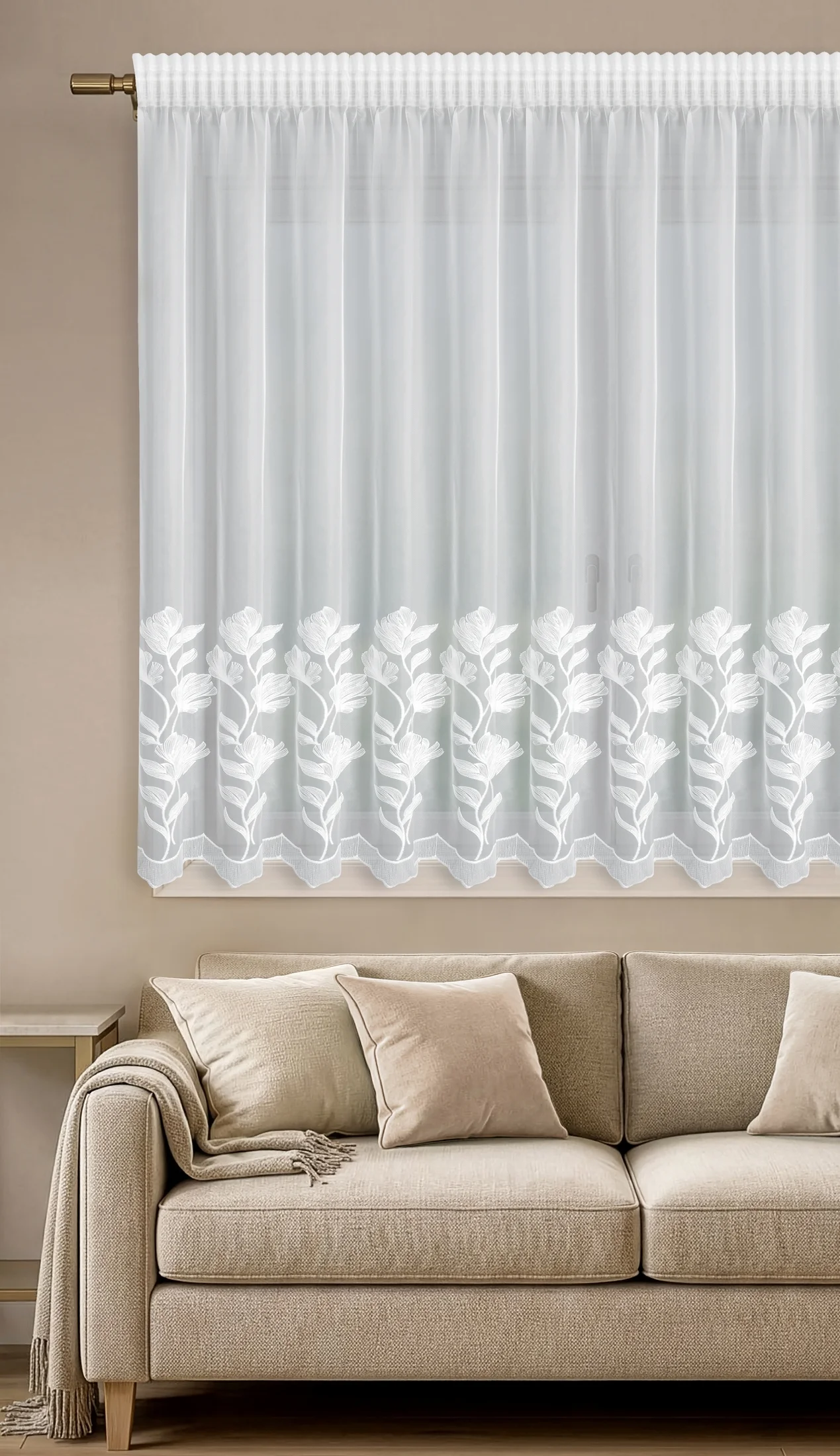 Firana biała z drobnej siateczki zdobiona haftem roślinnym 350x145 cm taśma - CHARLI