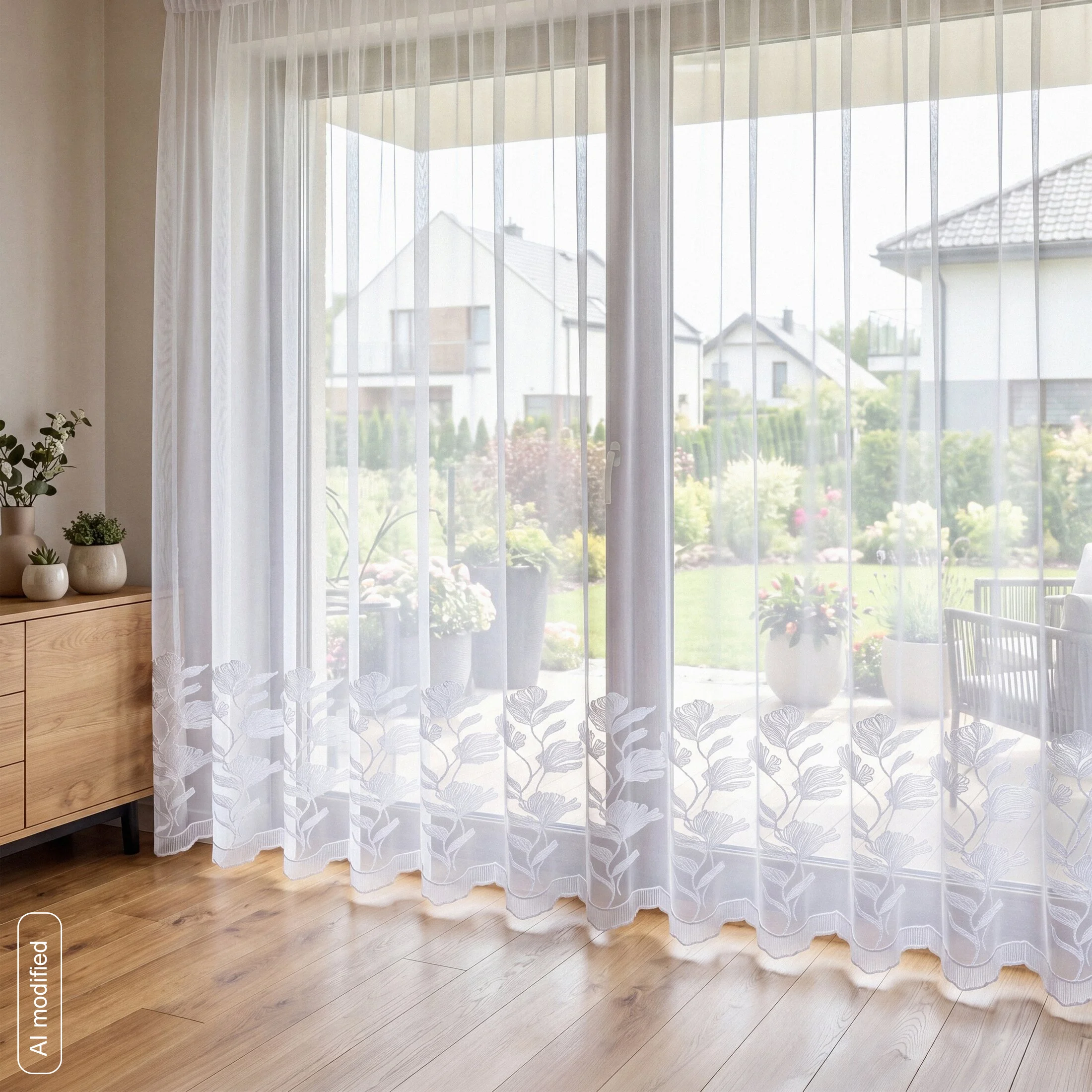 Firana biała z drobnej siateczki zdobiona haftem roślinnym 350x250 cm taśma - CHARLI