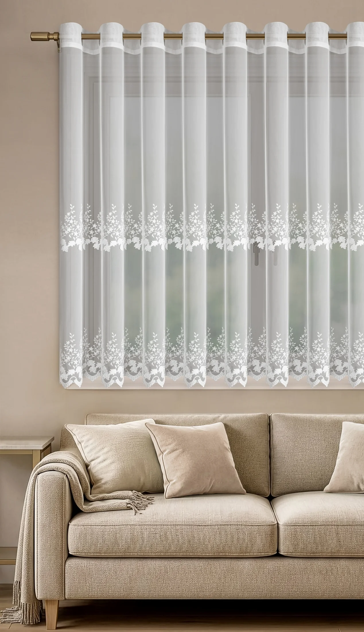 Firana biała z drobnej siateczki zdobiona haftem roślinnym i efektem 3D 350x150 cm przelotki - JASMINA