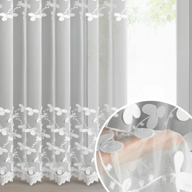 Firana biała z drobnej siateczki zdobiona haftem z efektem 3D 140x250 cm taśma - HANNAH
