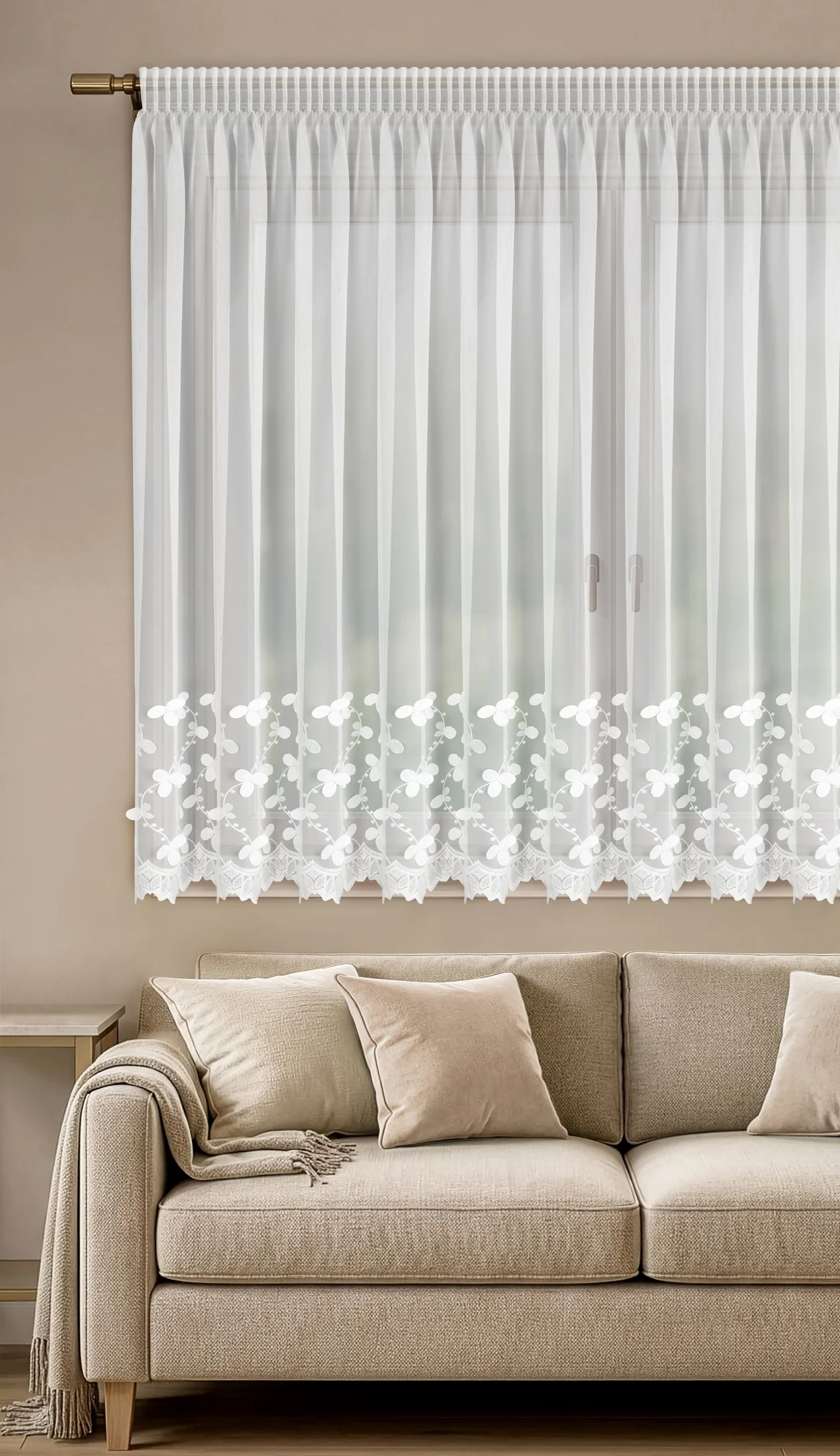 Firana biała z drobnej siateczki zdobiona haftem z efektem 3D 350x150 cm taśma - HANNAH