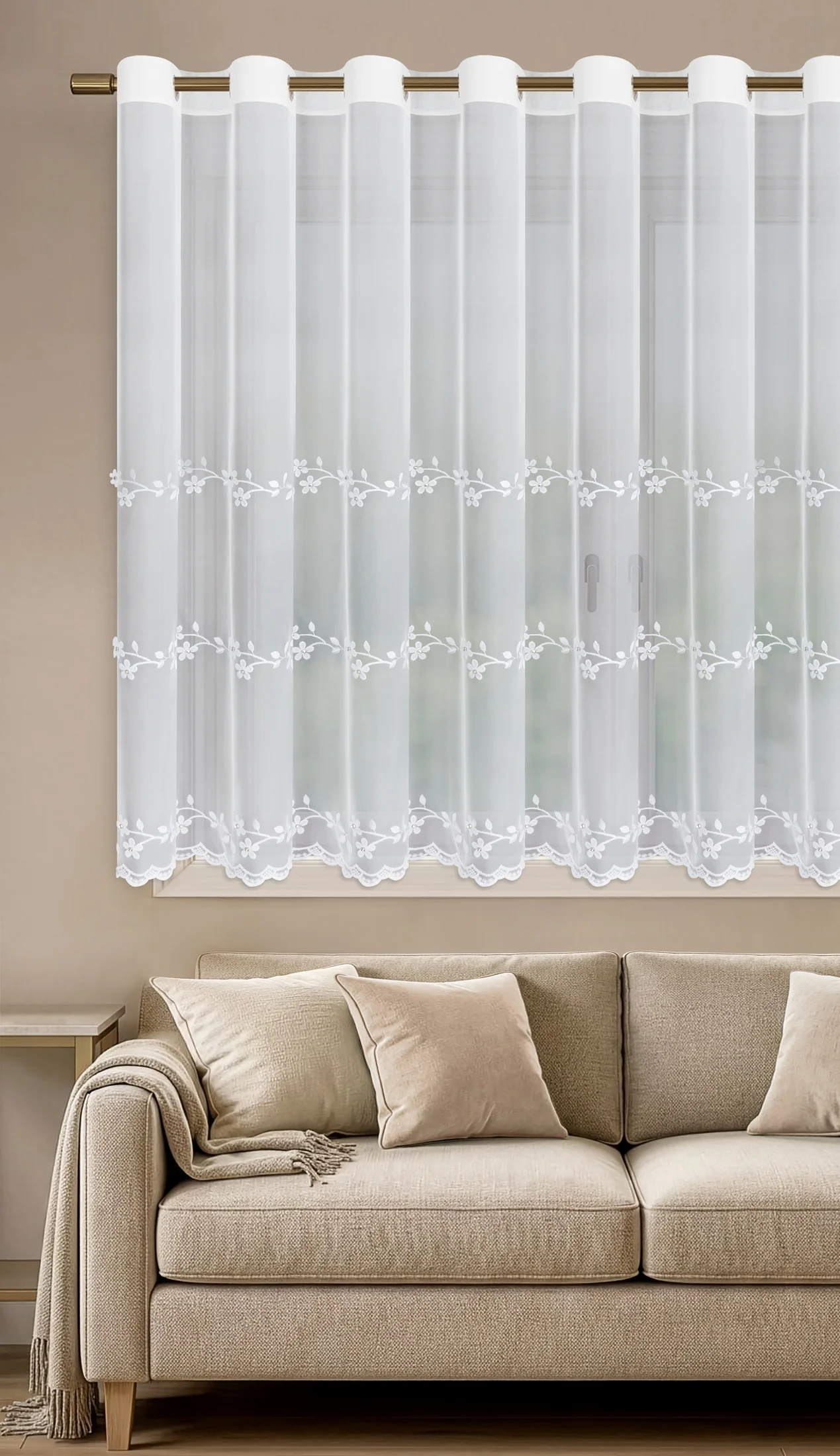 Firana biała z etaminy 350x150 cm zdobiona haftem kwiatów z dodatkiem kryształków przelotka - MATYLDA