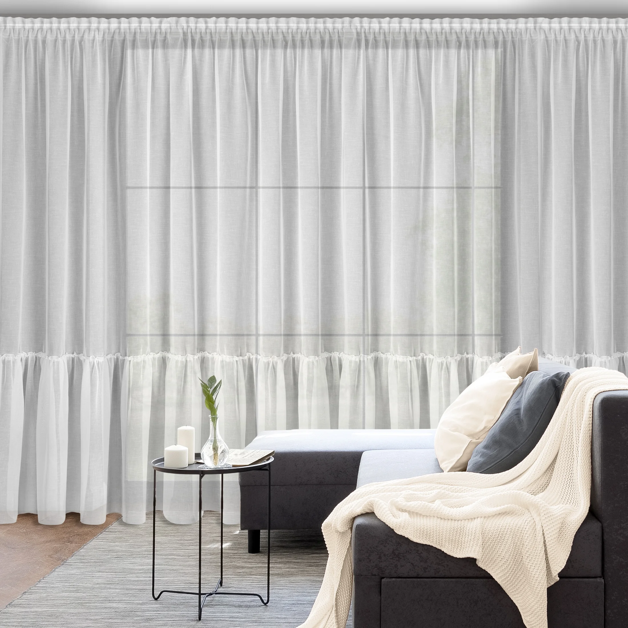Firana biała z etaminy z jedną falbaną 300x270 cm taśma LENA 1