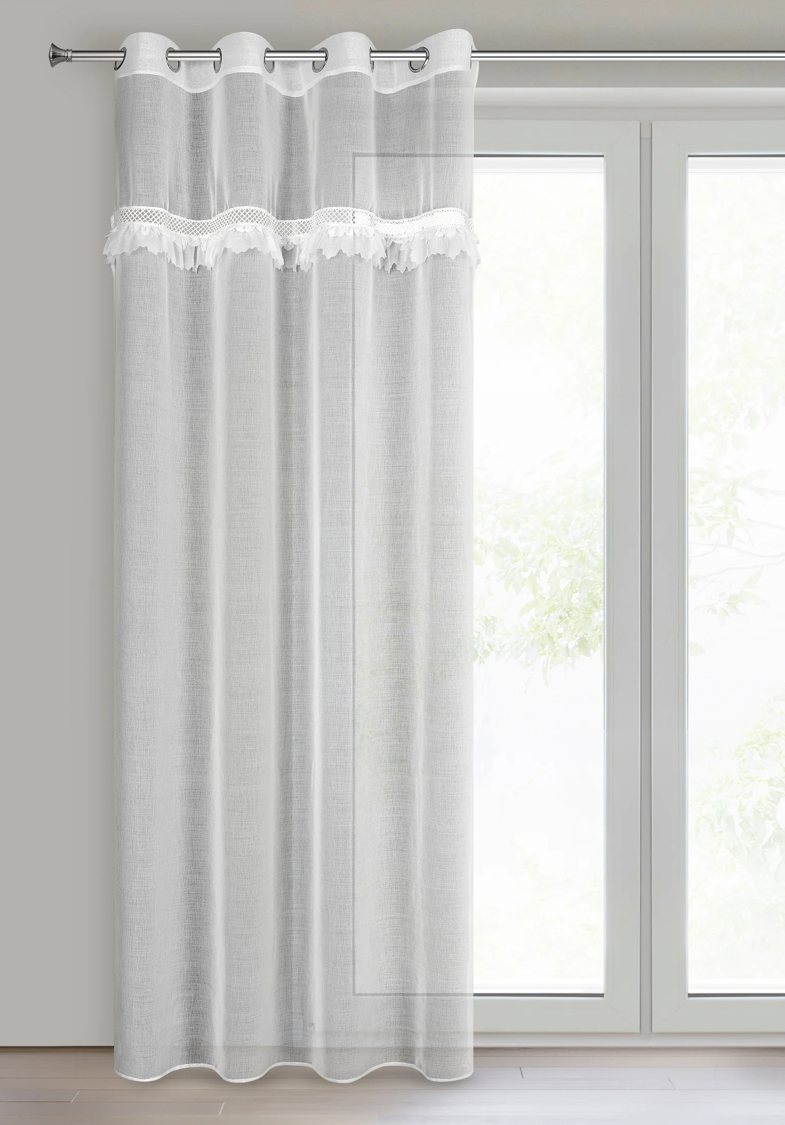 Firana biała z etaminy zdobiona ażurową aplikacją 140x250 cm przelotka - KIARA