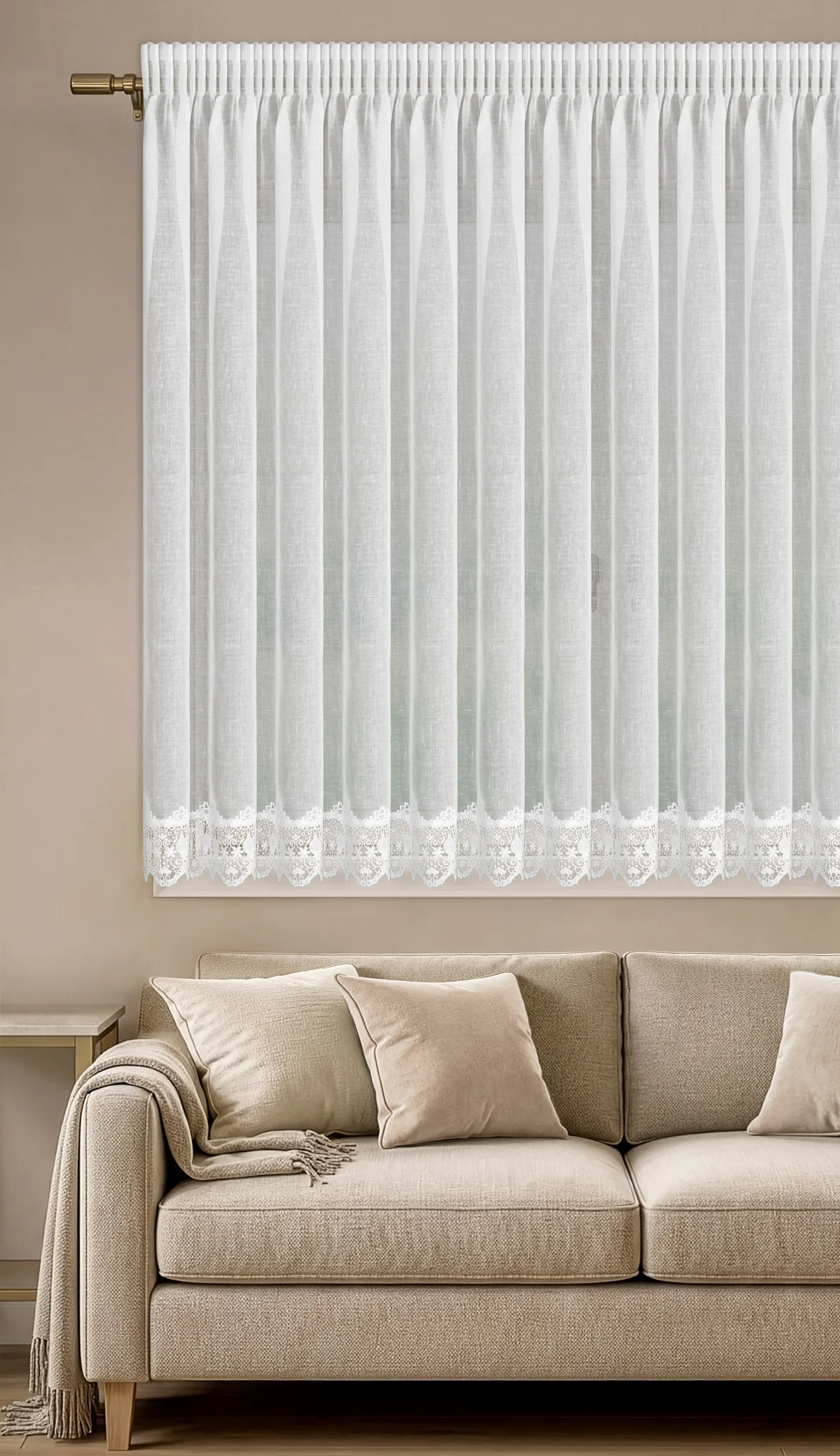 Firana biała z etaminy zdobiona ażurową koronką 350x150 cm taśma - KASANDRA1