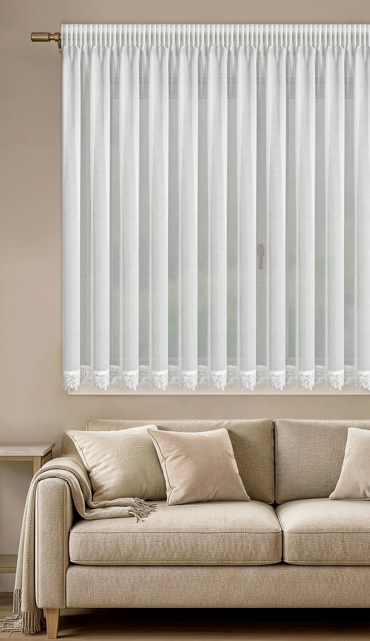 Firana biała z etaminy zdobiona ażurową koronką 400x120 cm taśma - MARTINA