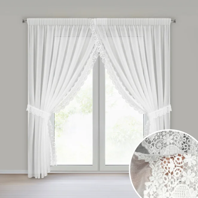 Firana biała z etaminy zdobiona ażurową koronką 400x250 cm 2x troczek w zestawie, taśma - KASANDRA1