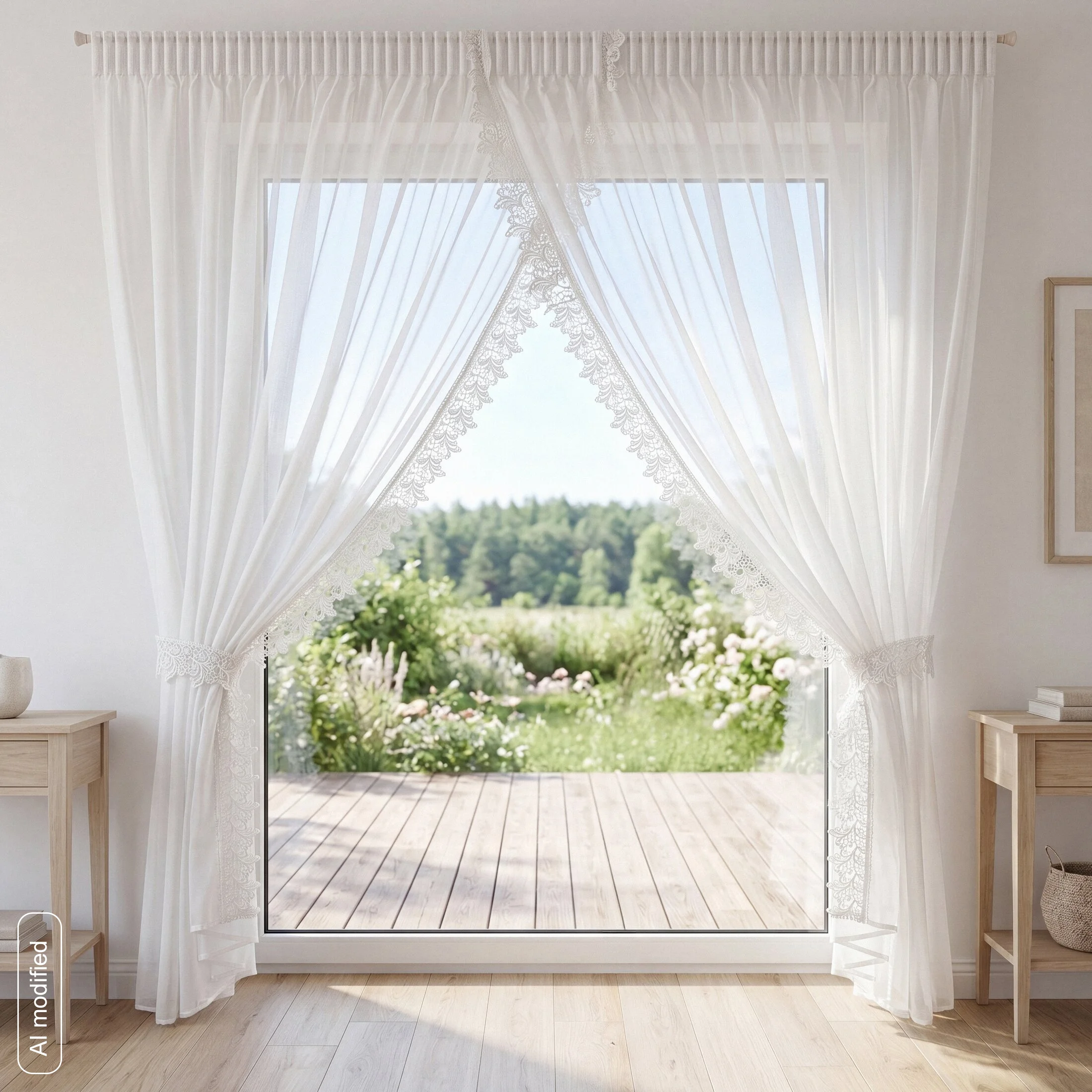 Firana biała z etaminy zdobiona ażurową koronką 400x250 cm 2x troczek w zestawie, taśma - MARTINA1