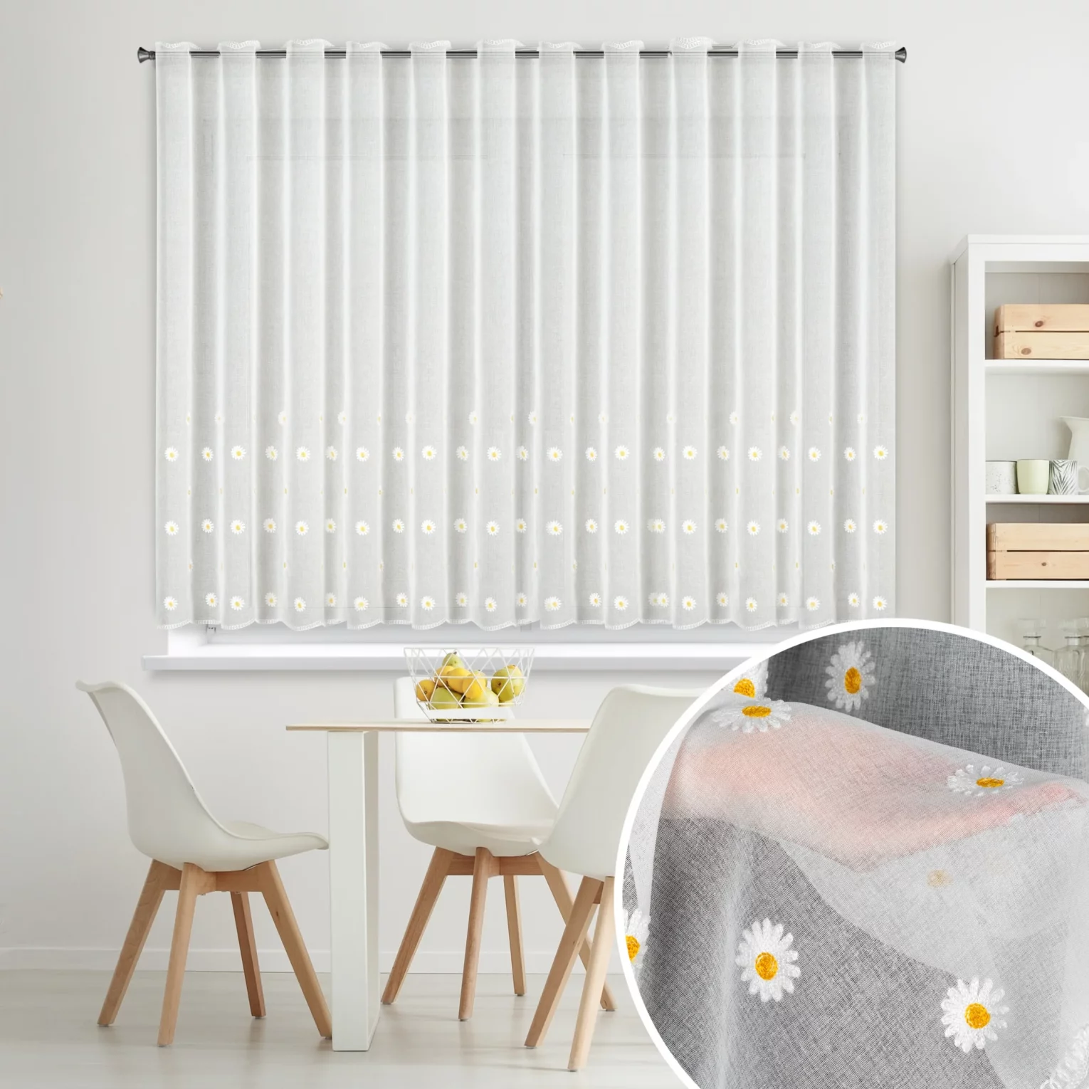 Firana biała z etaminy zdobiona haftem stokrotek 350x145 cm tunel - BELLIS
