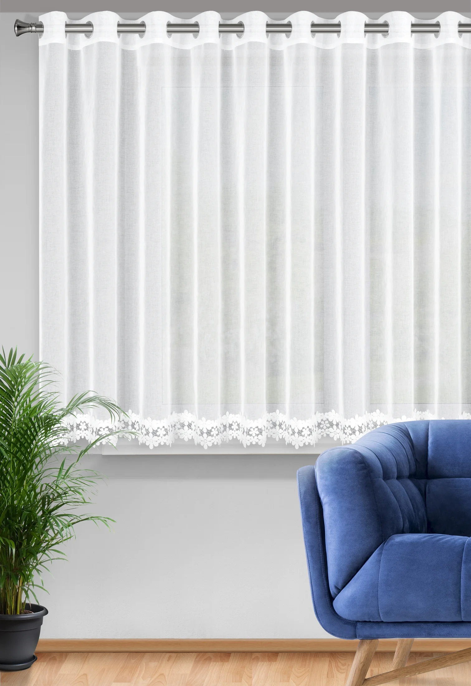 Firana biała z etaminy zdobiona haftowaną gipiurą w kwiaty 350x145 cm przelotka - KAJA