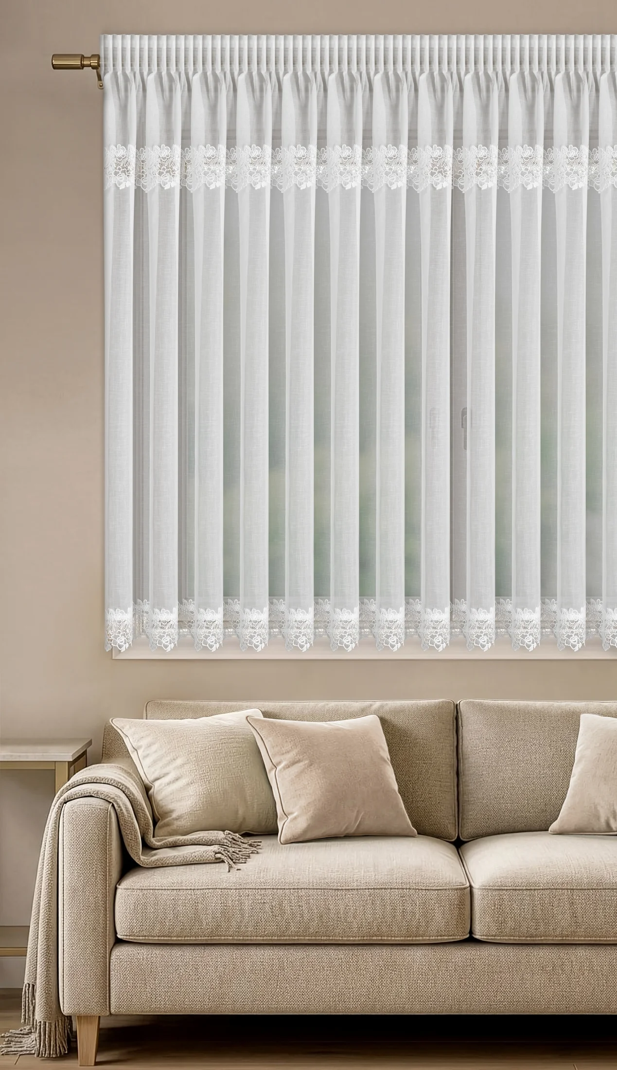 Firana biała z etaminy zdobiona ozdobną ażurową gipiurą 400x160 cm taśma - MARLENA