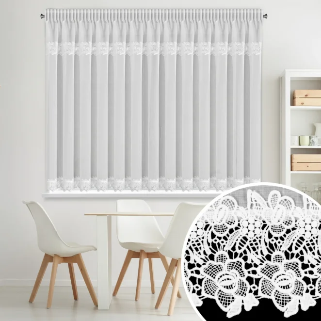 Firana biała z etaminy zdobiona ozdobną ażurową gipiurą 400x160 cm taśma - MARLENA