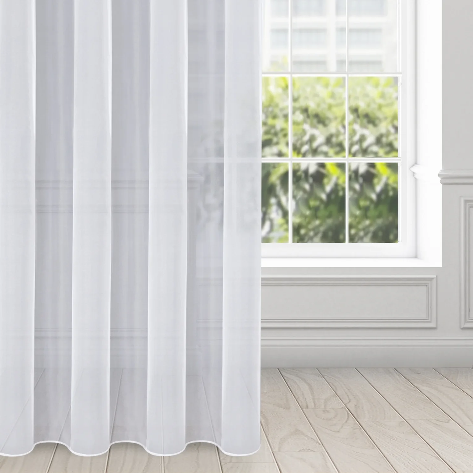 Firana biała z gładkiego mlecznego woalu wykończona szwem obciążającym VIOLET 400x245 cm przelotka