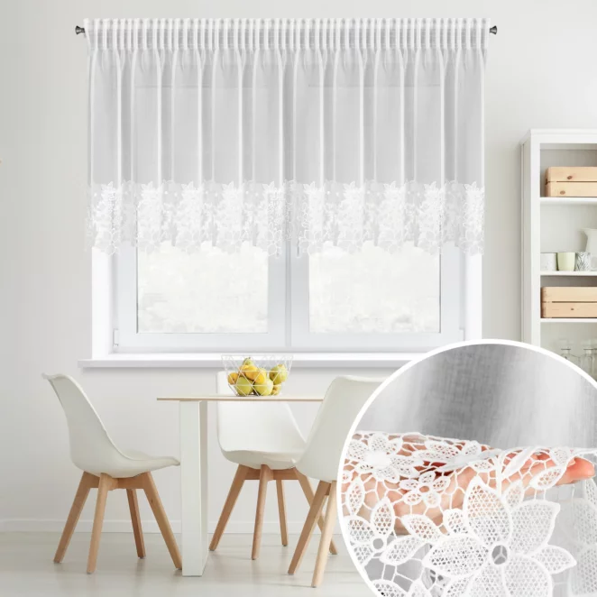 Firana biała z matowej etaminy zdobiona subtelną aplikacja w formie kwiatów 350x155 cm taśma - ARTEMIDA