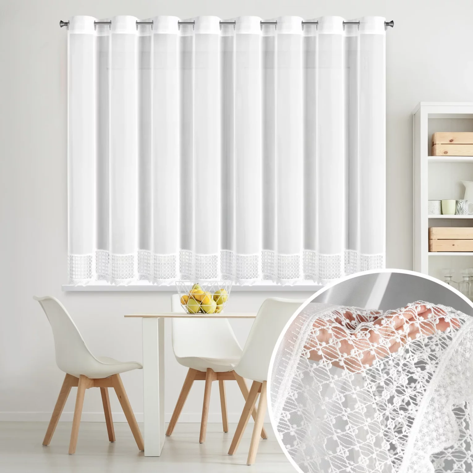 Firana biała z mikrosiateczki zdobiona ażurową koronką 350x150 cm przelotka - KATRINA