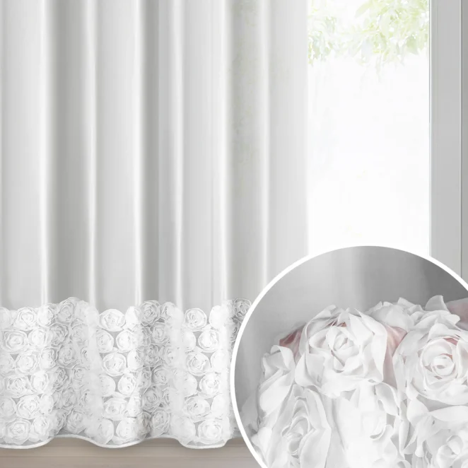 Firana biała z siateczki zdobiona aplikacją 3D w róże 140x250 cm przelotka - ROSES3 - Eva Minge