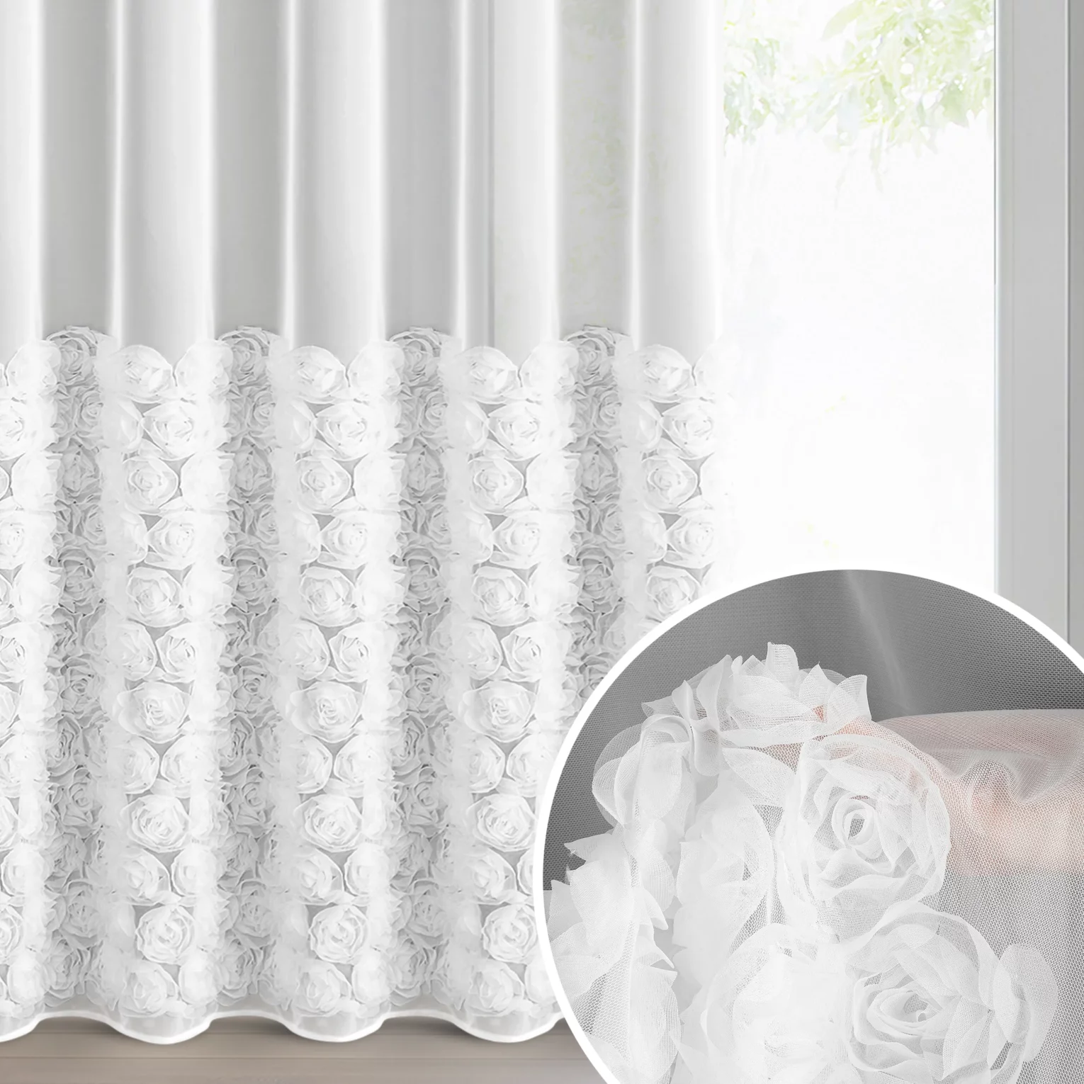Firana biała z siateczki zdobiona aplikacją 3D w róże 140x270 cm taśma - ROSES2 - Eva Minge