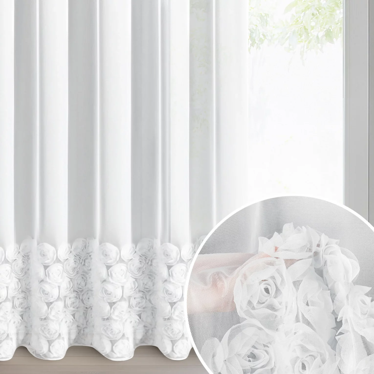 Firana biała z siateczki zdobiona aplikacją 3D w róże 140x270 cm taśma - ROSES3 - Eva Minge