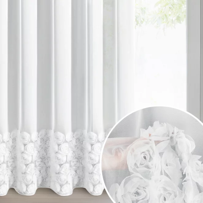 Firana biała z siateczki zdobiona aplikacją 3D w róże 140x270 cm taśma - ROSES3 - Eva Minge
