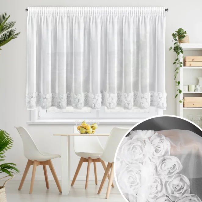Firana biała z siateczki zdobiona aplikacją 3D w róże 350x160 cm taśma - ROSES4 - Eva Minge