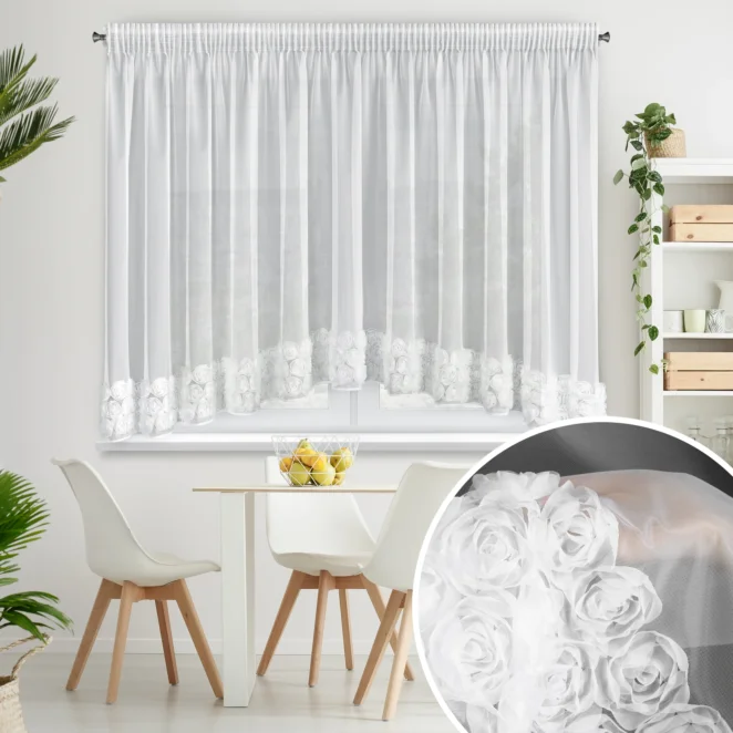 Firana biała z siateczki zdobiona łukiem 3D róż 400x160 cm taśma - ROSES4 - Eva Minge