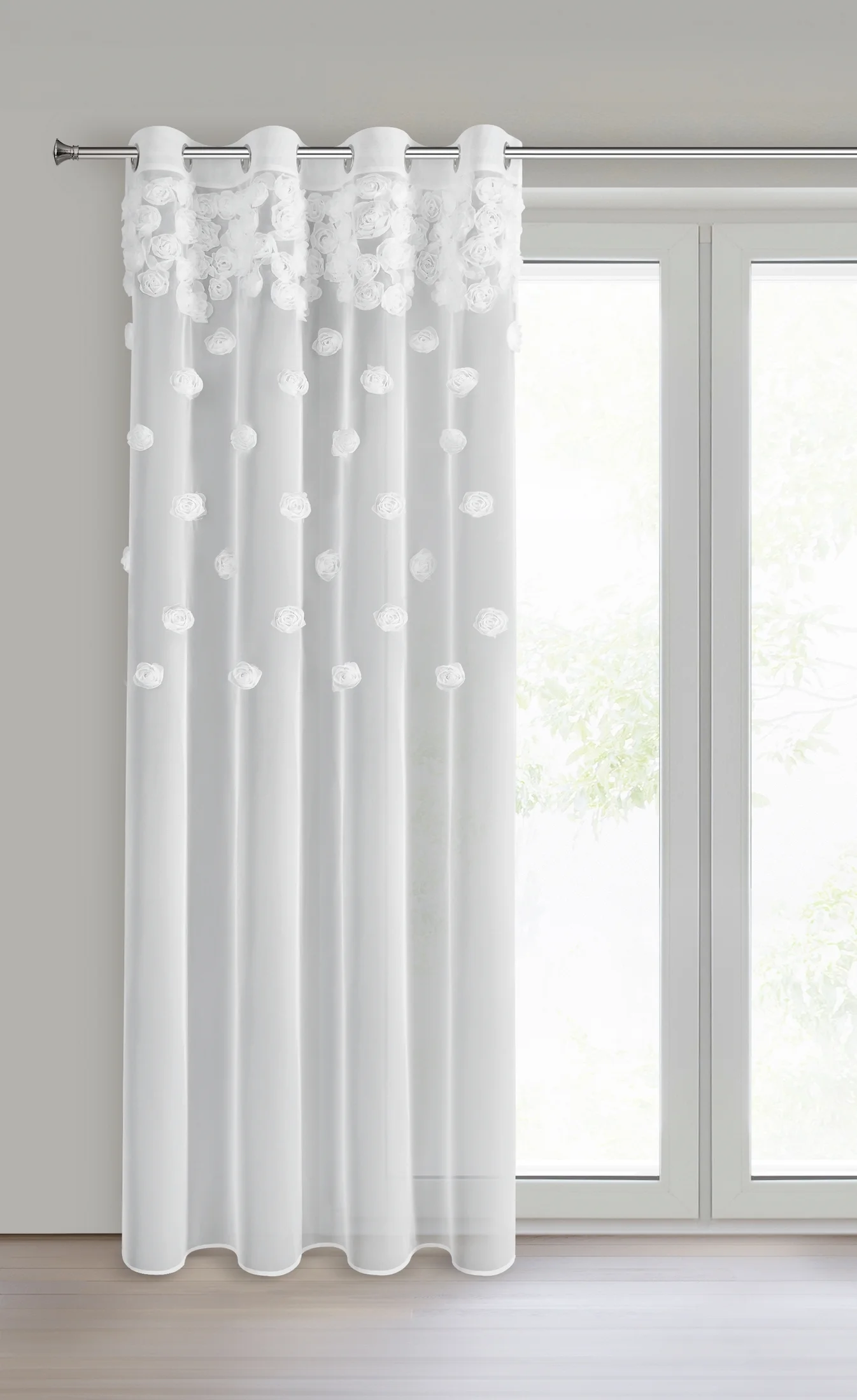 Firana biała z siateczki zdobiona różami 3D 140x250 cm przelotka - DIANA