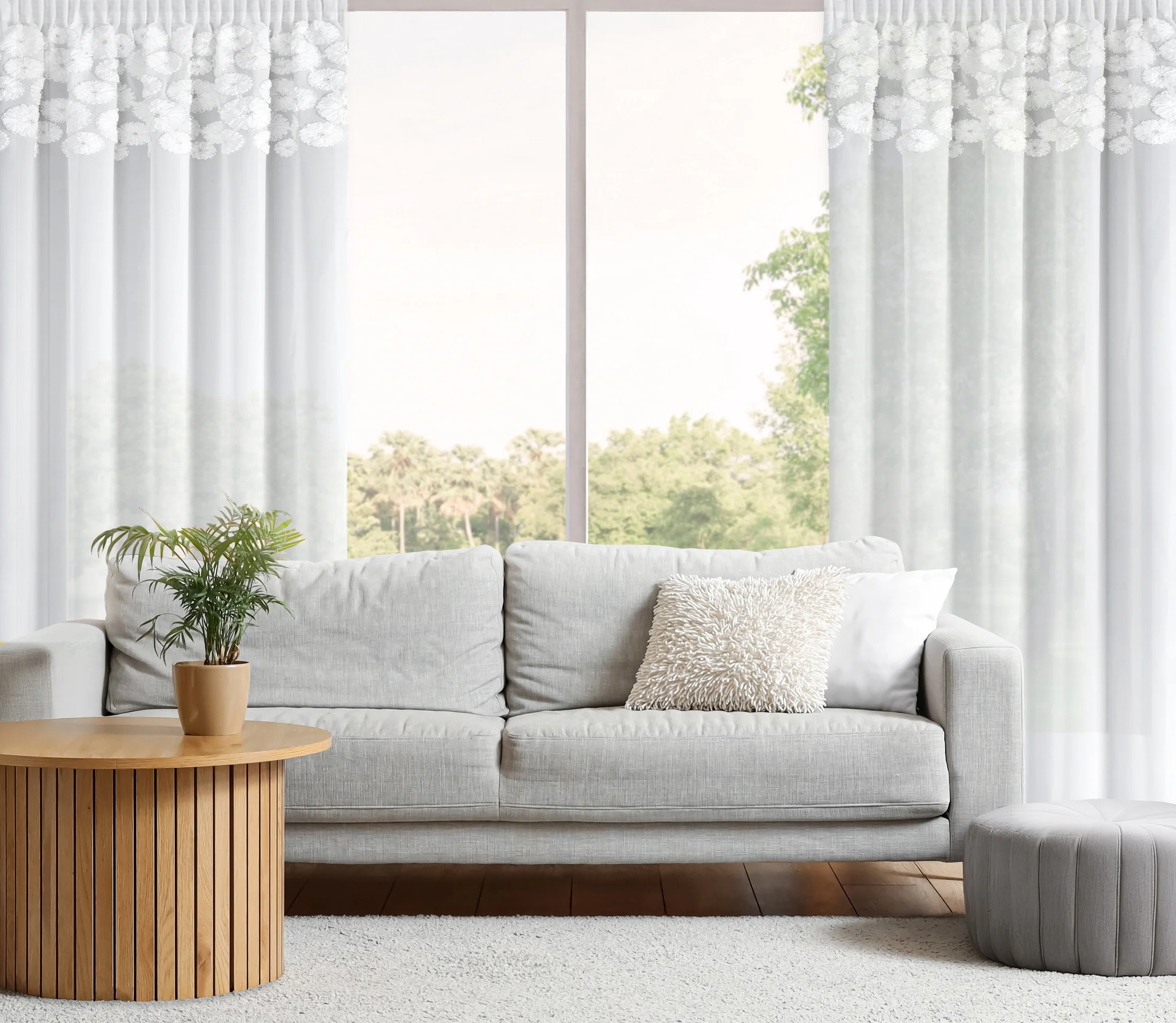 Firana biała z szyfonu zdobiona aplikacją 3D w kwiaty z perełkami 140x270 cm taśma - GISELA