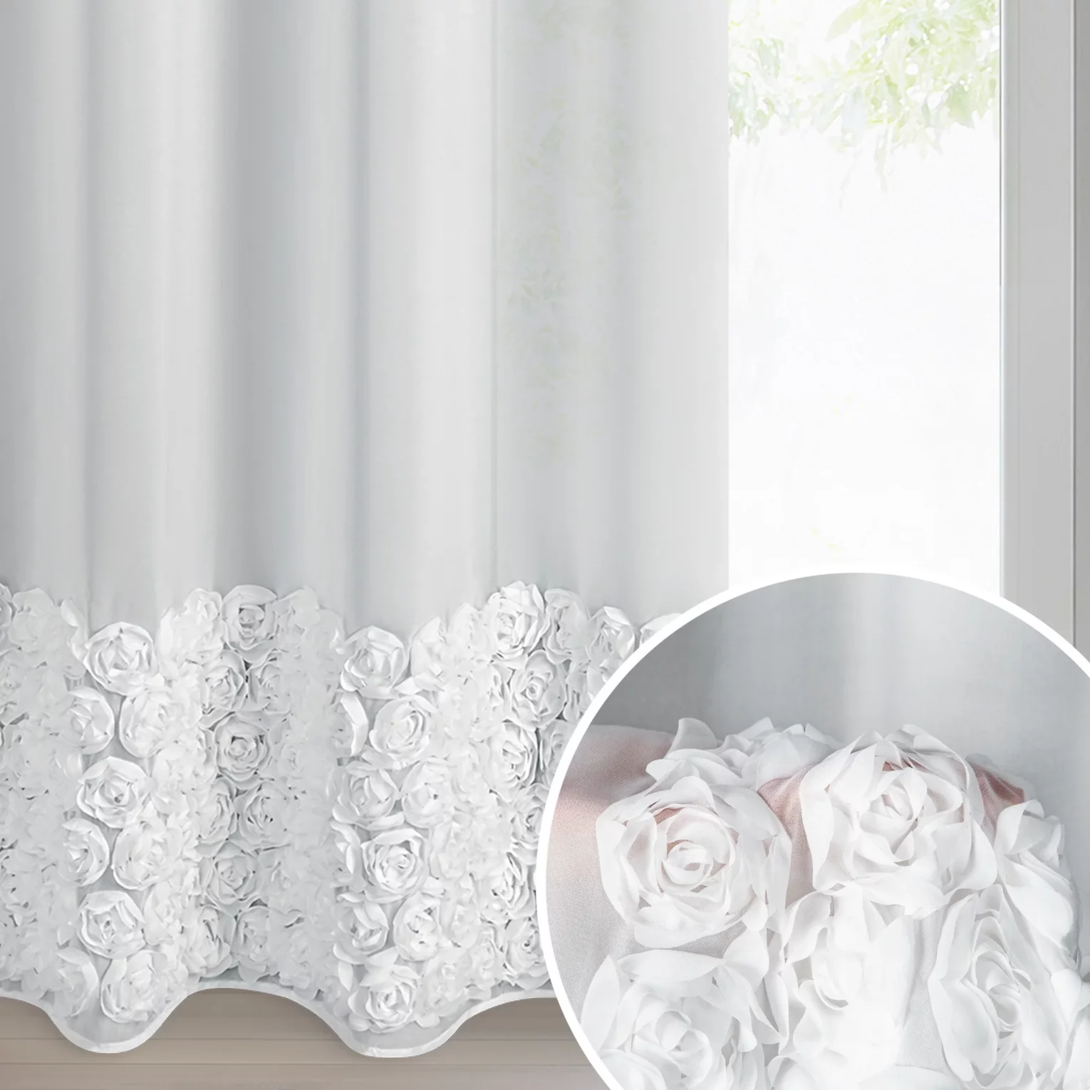 Firana biała z szyfonu zdobiona aplikacją 3D w róże 140x250 cm przelotka - ROSES - Eva Minge