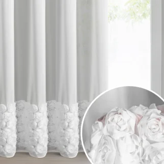 Firana biała z szyfonu zdobiona aplikacją 3D w róże 140x270 cm taśma - ROSES - Eva Minge