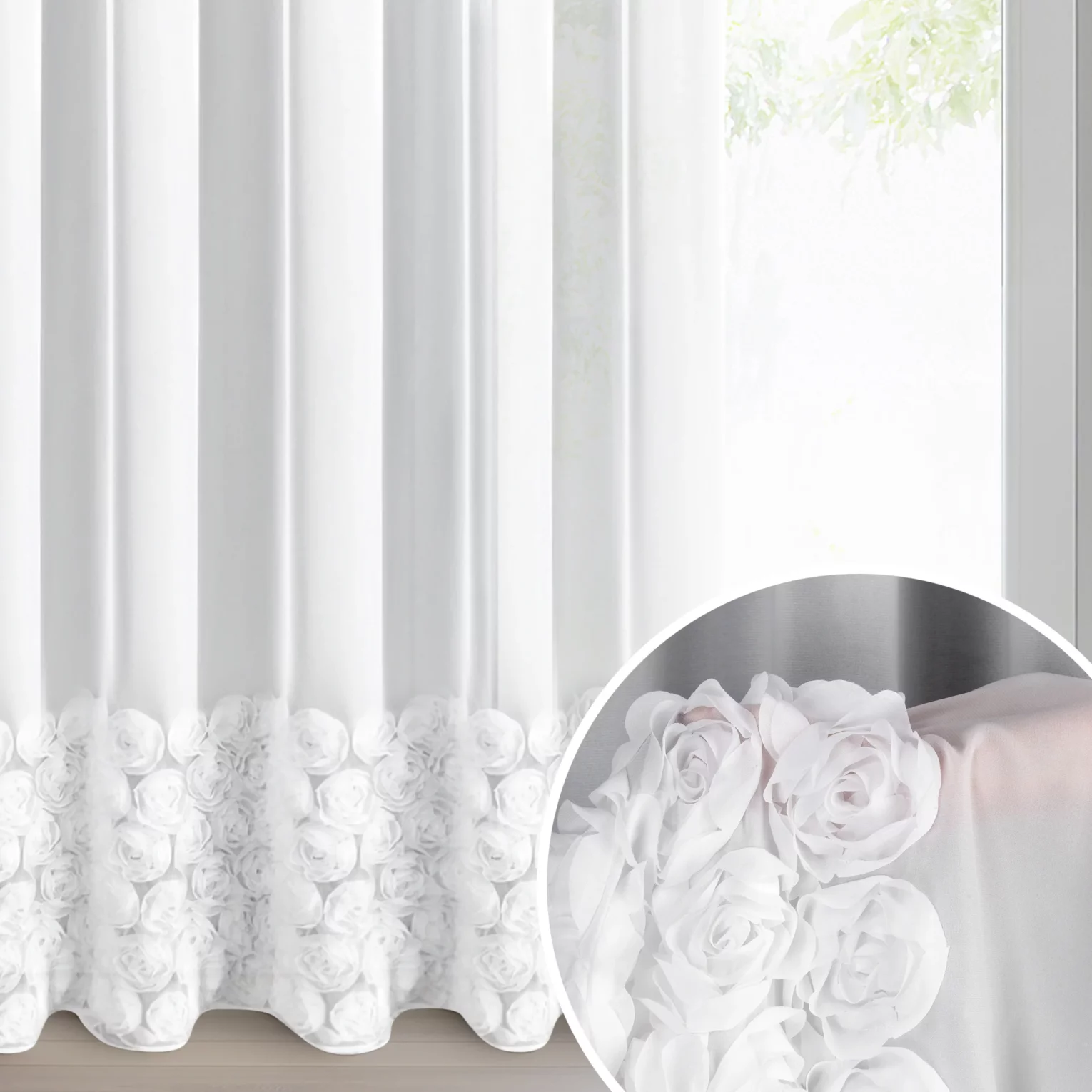 Firana biała z szyfonu zdobiona aplikacją 3D w róże 350x270 cm taśma - ROSES - Eva Minge