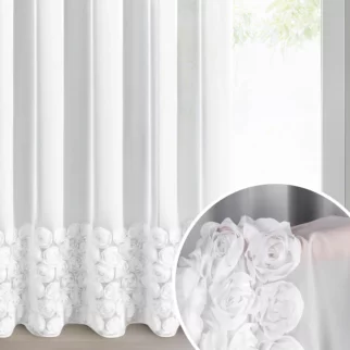 Firana biała z szyfonu zdobiona aplikacją 3D w róże 350x270 cm taśma - ROSES - Eva Minge