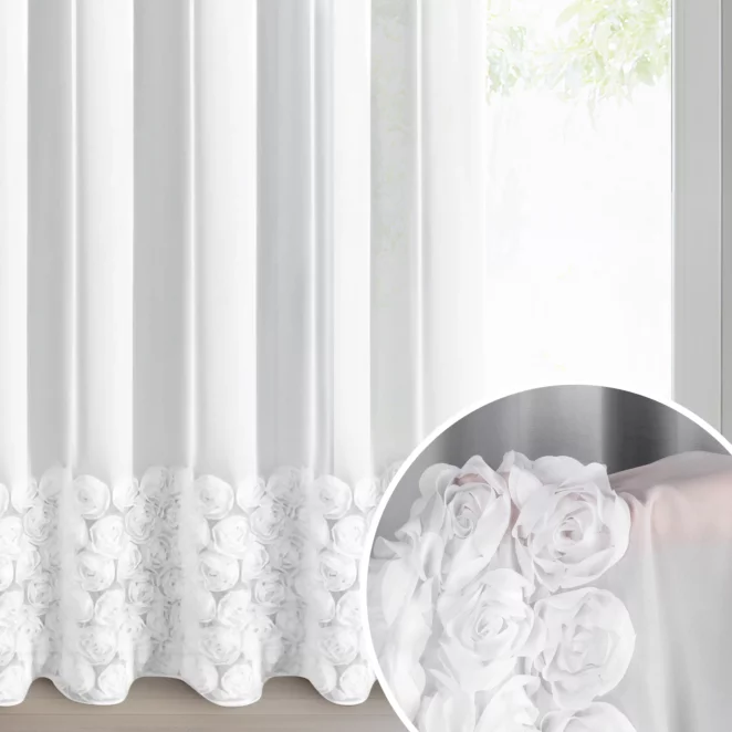 Firana biała z szyfonu zdobiona aplikacją 3D w róże 350x270 cm taśma - ROSES - Eva Minge