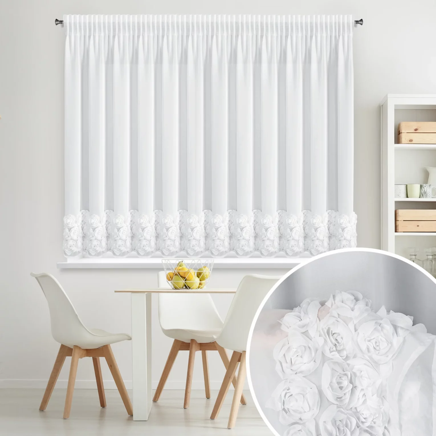 Firana biała z szyfonu zdobiona aplikacją 3D w róże 400x160 cm taśma - ROSES - Eva Minge