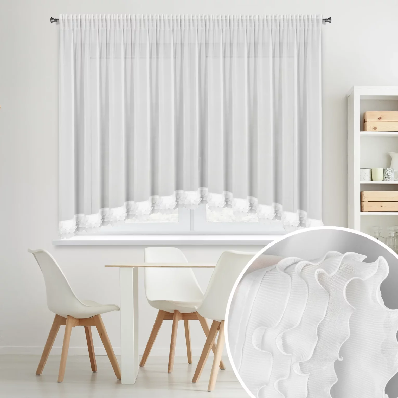 Firana biała z szyfonu zdobiona falbanką układającą się w łuk 400x160 cm taśma - LUISA