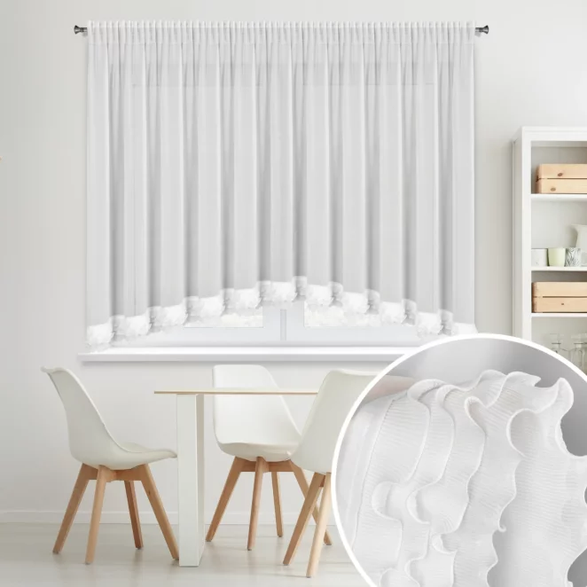 Firana biała z szyfonu zdobiona falbanką układającą się w łuk 400x160 cm taśma - LUISA