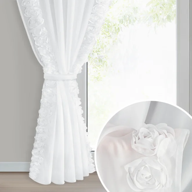 Firana biała z szyfonu zdobiona na brzegach pasem 3D róż z troczkiem w zestawie 140x270 cm taśma - ROSES Eva Minge