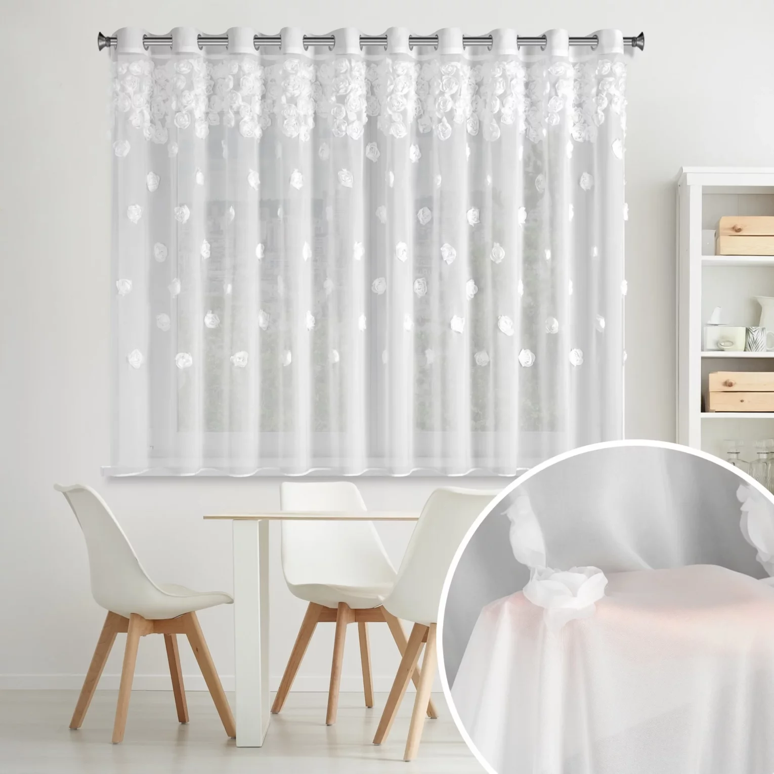 Firana biała z szyfonu zdobiona różami 3D 350x160 cm przelotka - DIANA