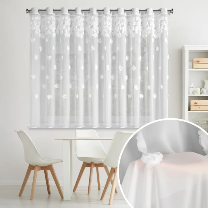 Firana biała z szyfonu zdobiona różami 3D 350x160 cm przelotka - DIANA