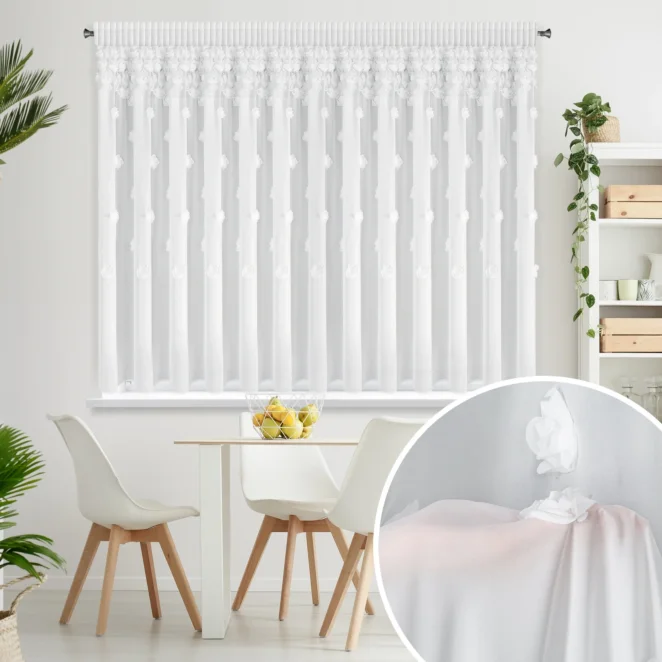 Firana biała z szyfonu zdobiona różami 3D 350x160 cm taśma - DIANA