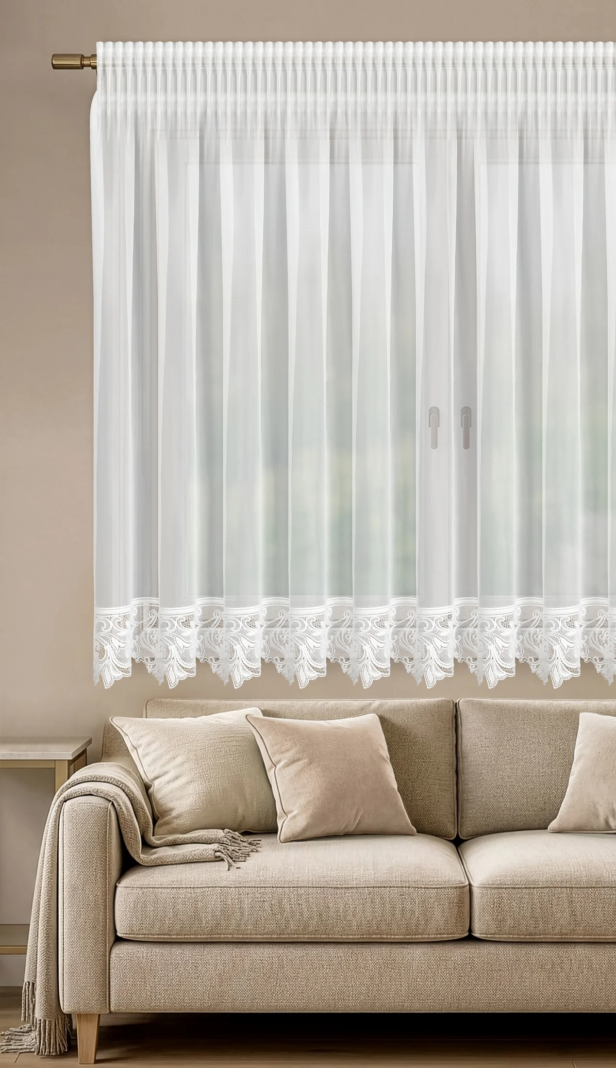 Firana biała z woalu zdobiona ozdobną koronką 350x150 cm taśma - BUENA