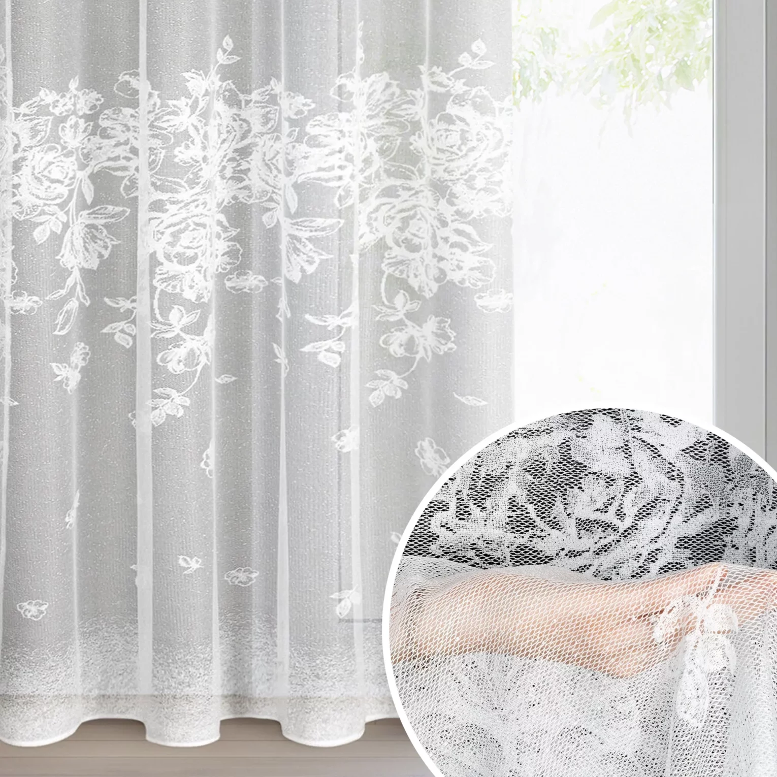 Firana biała żakardowa z roślinnym motywem 140x250 cm przelotka ALEXIA