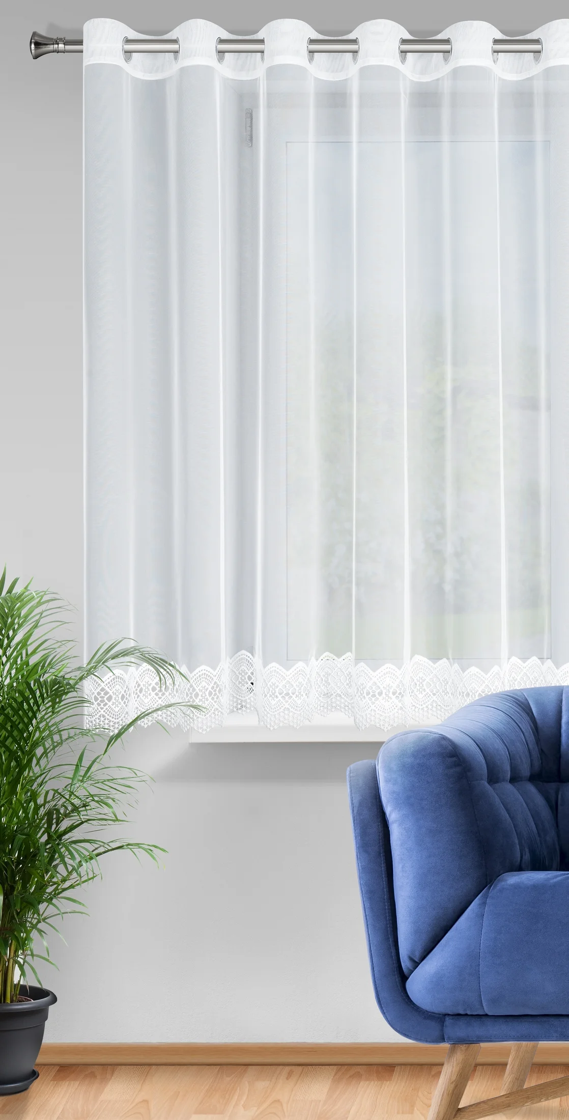 Firana biała zdobiona ażurową gipiurą 350x150 cm przelotka ELZA