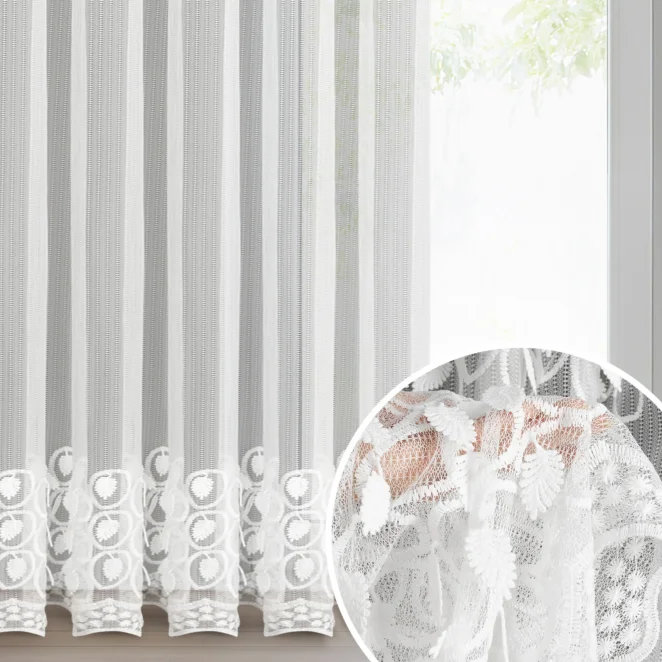 Firana biała zdobiona haftem i efektem 3D 140x250 cm taśma - INGA