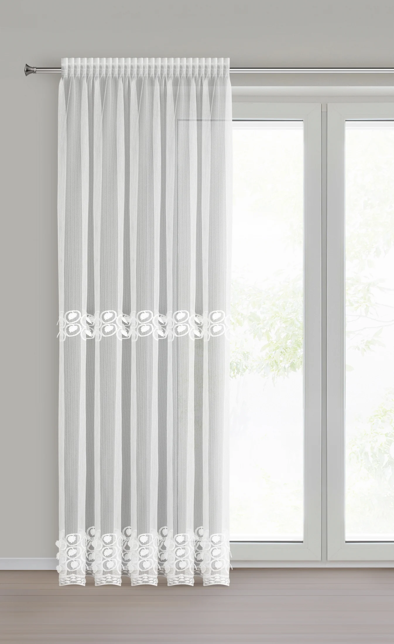 Firana biała zdobiona haftem i efektem 3D 140x250 cm taśma - INGA