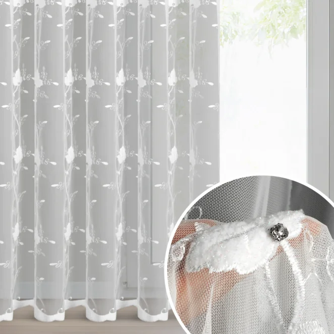 Firana biała zdobiona haftem roślinnym z kryształkami 140x250 cm taśma - CLARISA