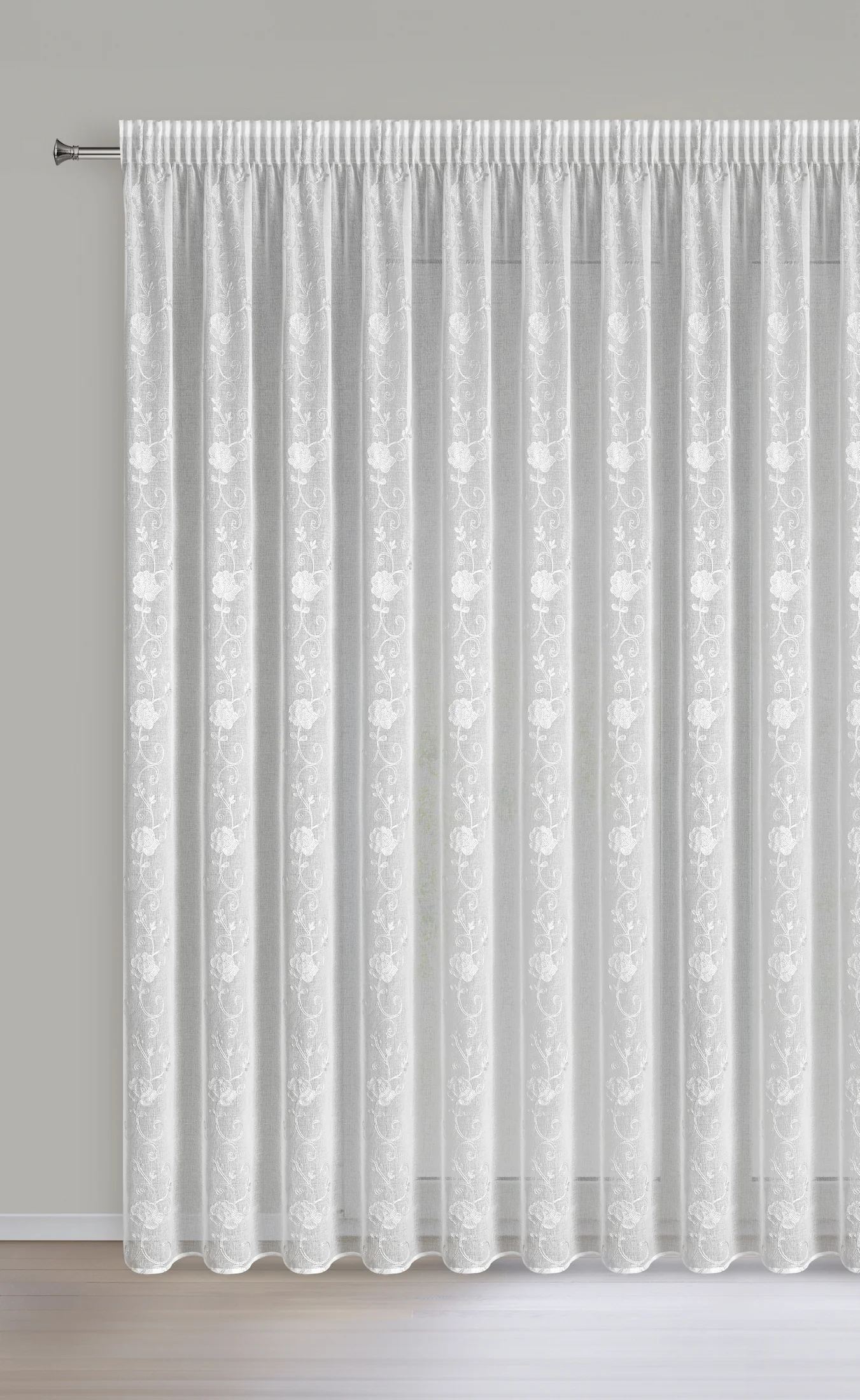 Firana biało-srebrna zdobiona haftem róż i błyszczącą nicią 400x270 cm taśma - ROZALIA